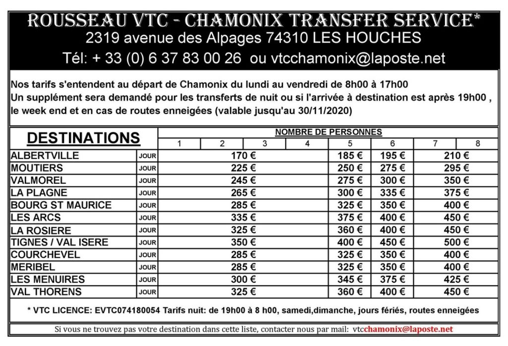 Tarifs 2020 VTC Chamonix Stations de Savoie